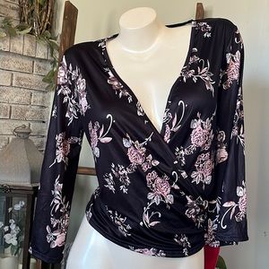 Deep v neck floral silky long sleeve dressy shirt